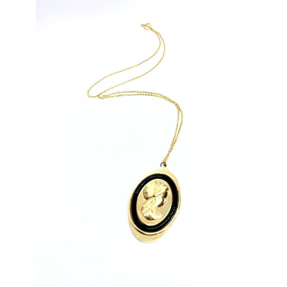 Vintage Avon Necklace Gold Tone Cameo Black Pendant Victorian Revival